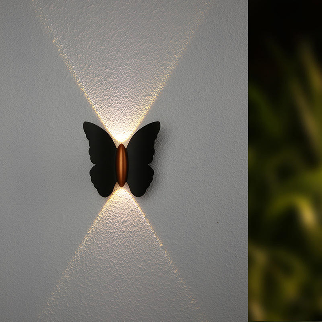 6W vlindervorm wandlamp zwart + goud op en neer lichtgevend buitenlicht binnenplaats tuin woonkamer gangpad trap achtergrond waterdichte led wandlamp